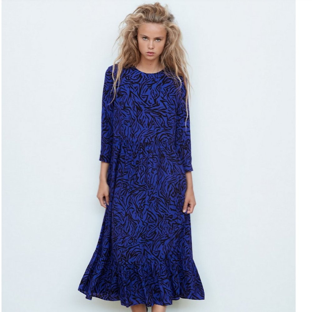 ZARA New w/Tags "The Polka Dress in Animal Print" Blue Black Zebra S